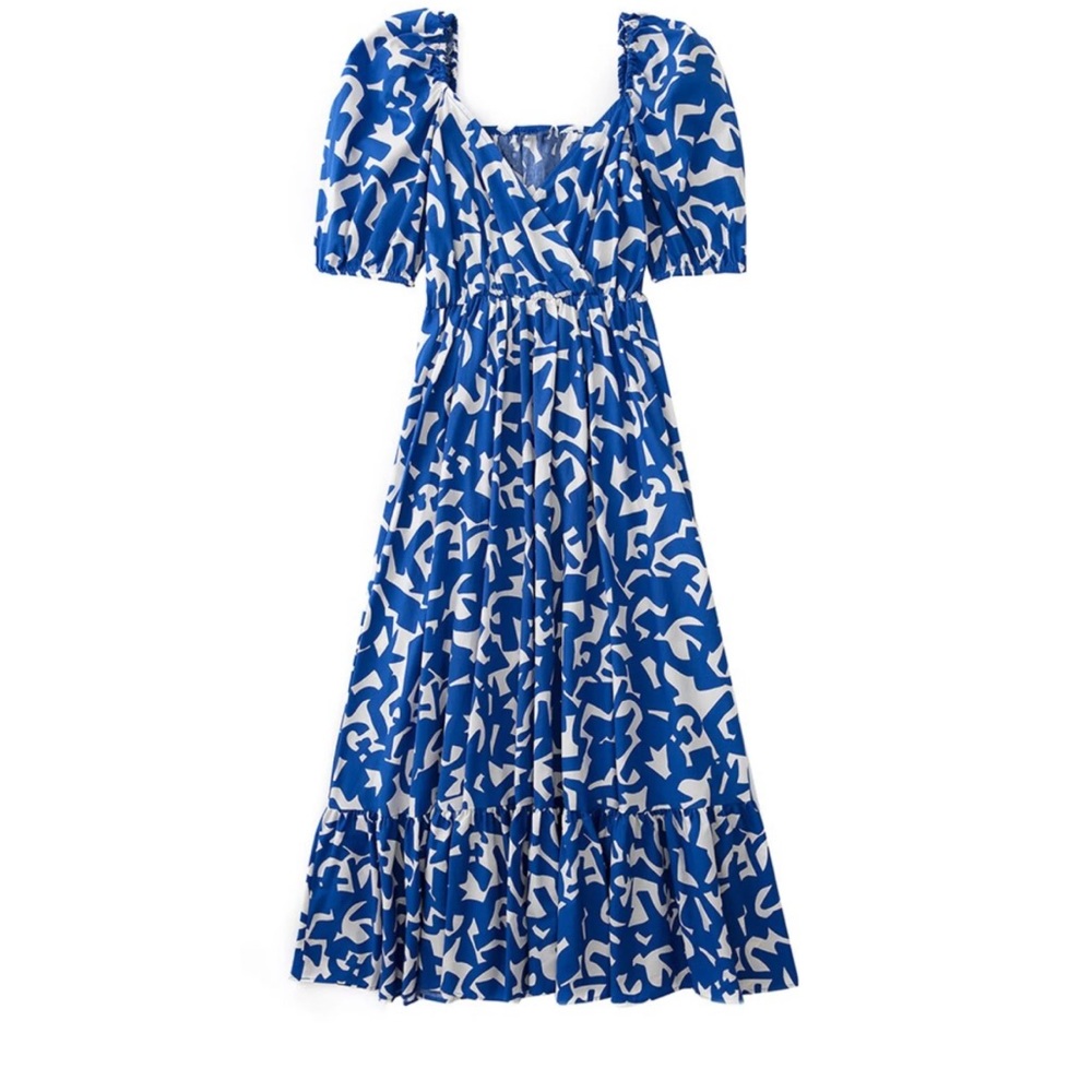 ZARA PRINTED POPLIN DRESS BLUE WHITE FRILL PUFF SLEEVE MAXI LONG